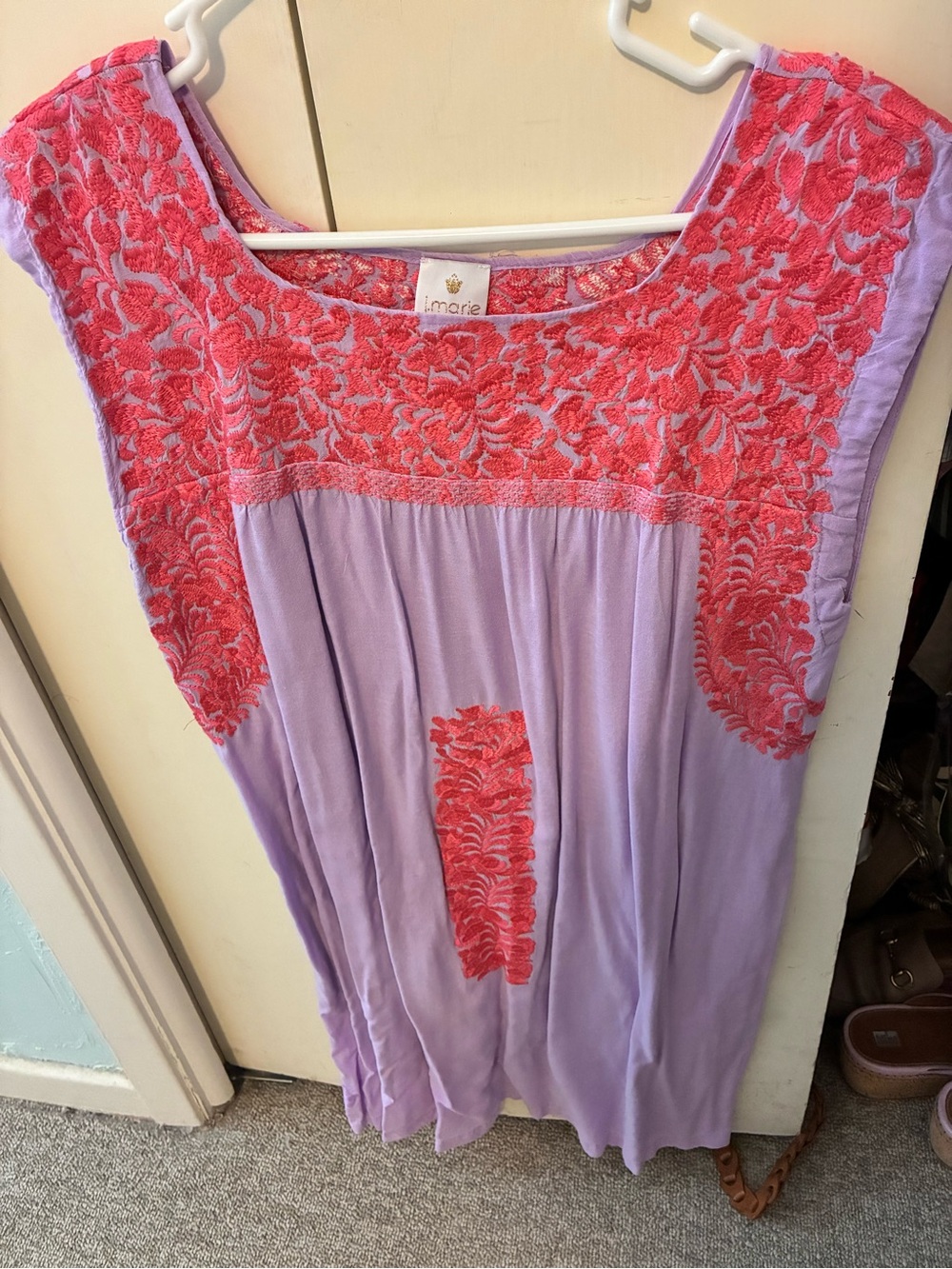 J Marie Lavender and tangerine Mexican style Dress with Coral Embroidery